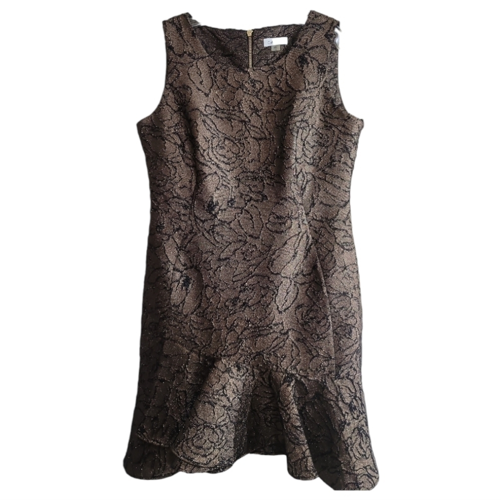 NWT Calvin Klein Brocade Flounce-Hem Sheath Dress 12 Gold Black Metallic Glamour - Picture 3 of 9